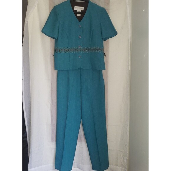 Sag Harbor Pant Suit Women 6P Teal With Beads Button Front Jacket Side Zip Pants - Picture 1 of 16